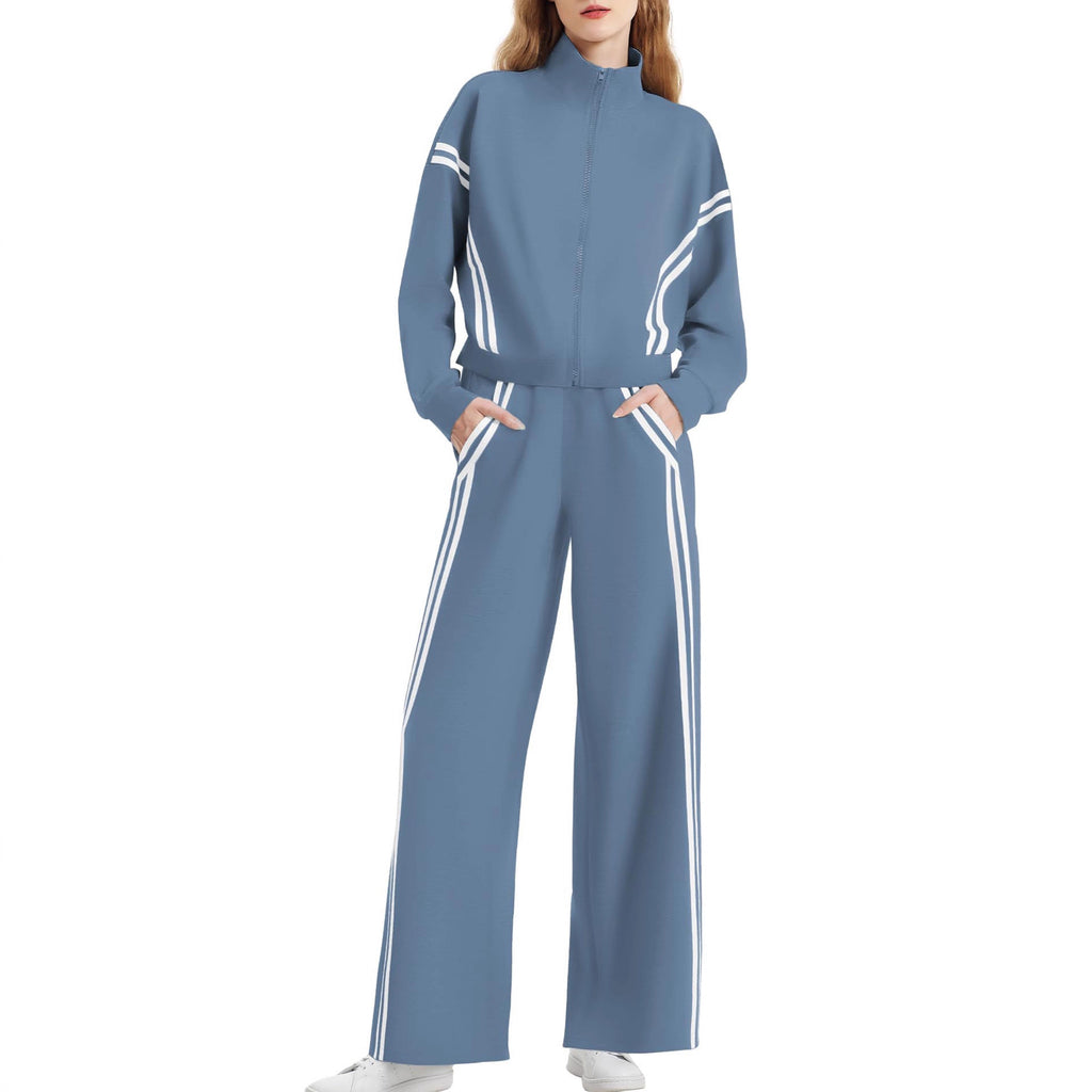 Women's Side Double Stripe Long-sleeve Zipper Pants Pocket Sports Suit