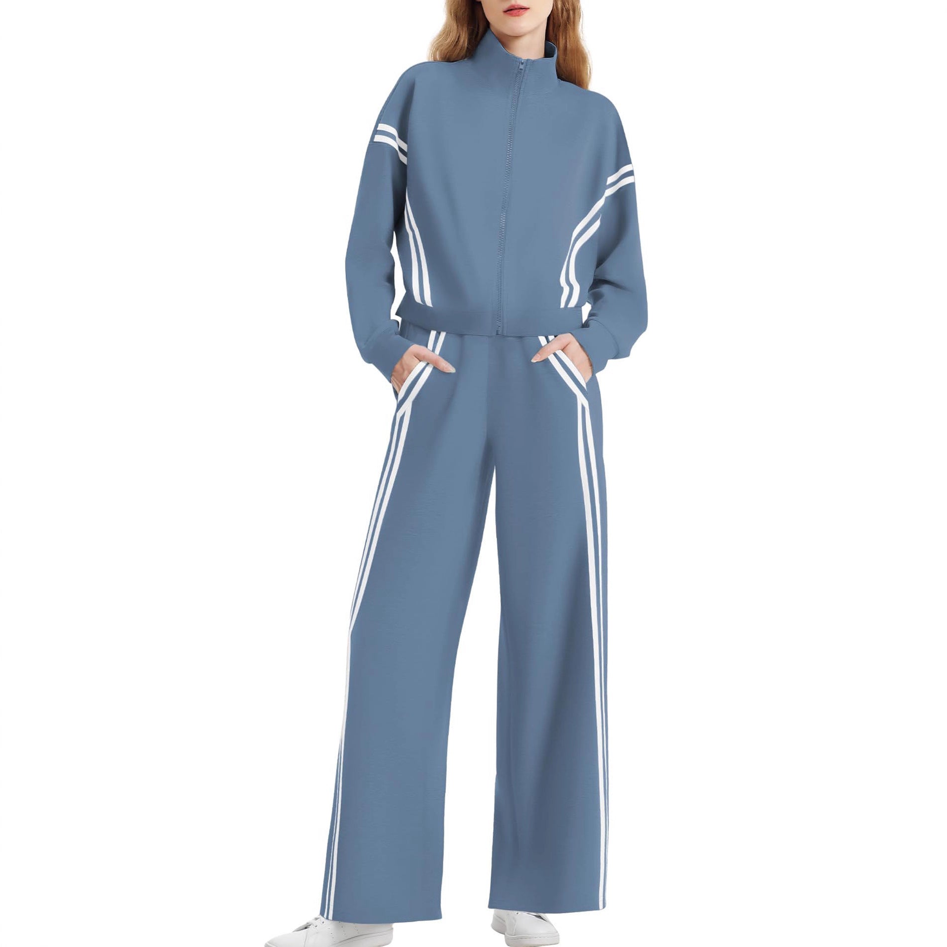 Women's Side Double Stripe Long-sleeve Zipper Pants Pocket Sports Suit