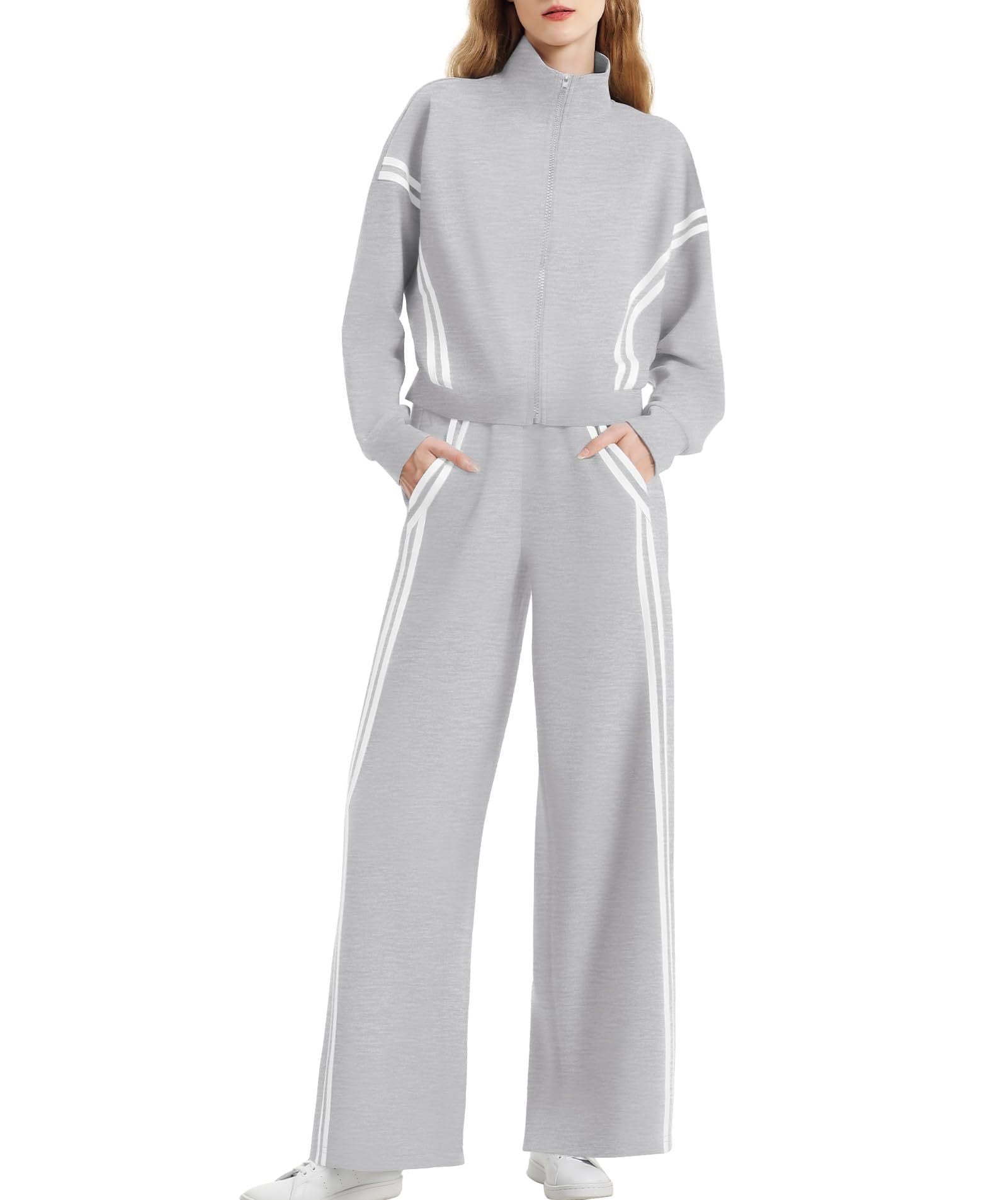 Women's Side Double Stripe Long-sleeve Zipper Pants Pocket Sports Suit