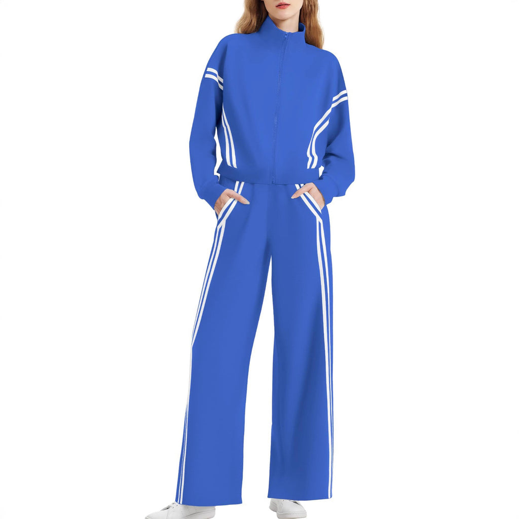 Women's Side Double Stripe Long-sleeve Zipper Pants Pocket Sports Suit