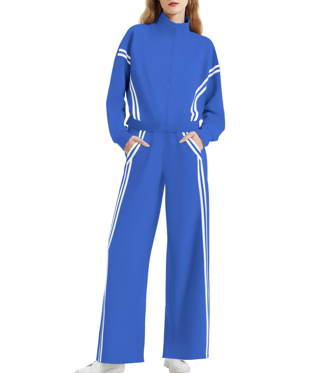 Women's Side Double Stripe Long-sleeve Zipper Pants Pocket Sports Suit