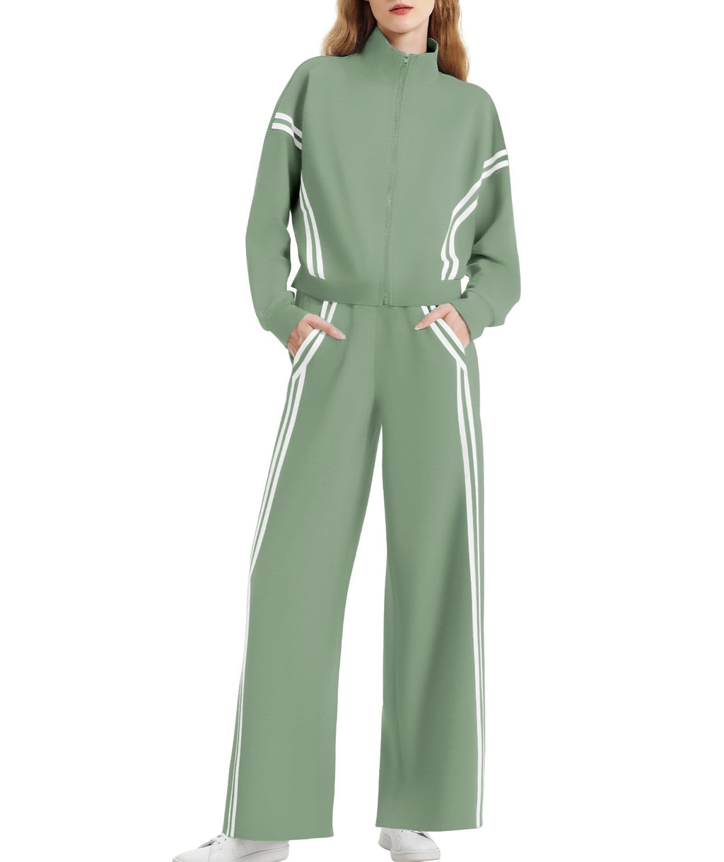 Women's Side Double Stripe Long-sleeve Zipper Pants Pocket Sports Suit
