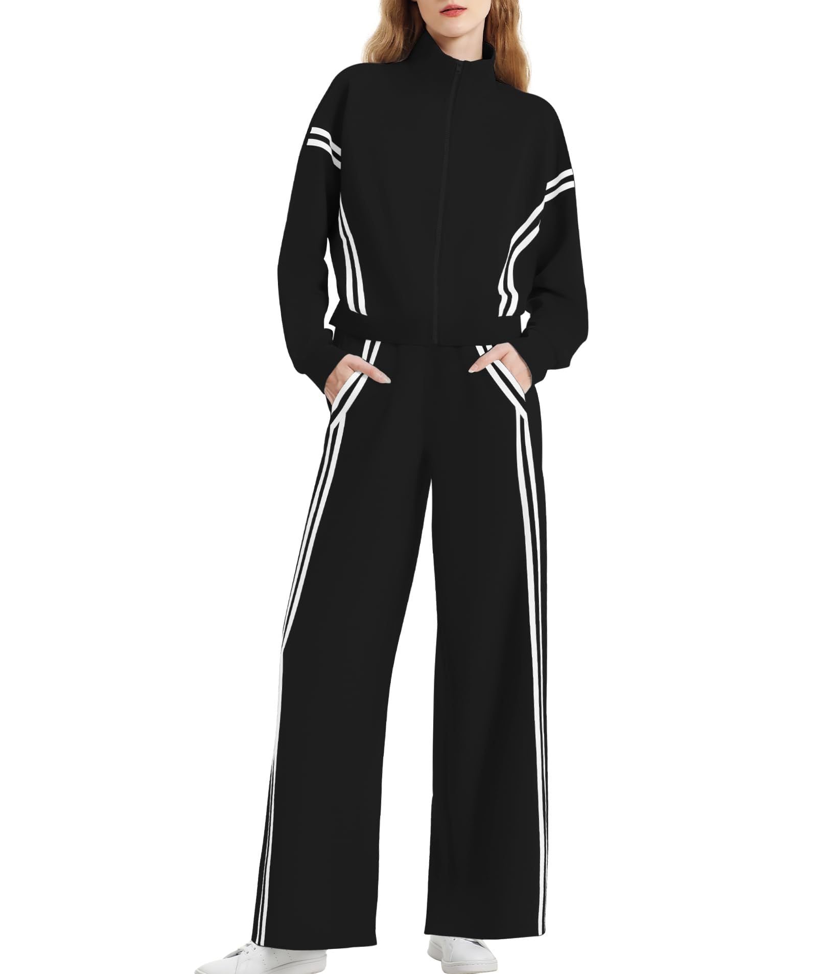 Women's Side Double Stripe Long-sleeve Zipper Pants Pocket Sports Suit
