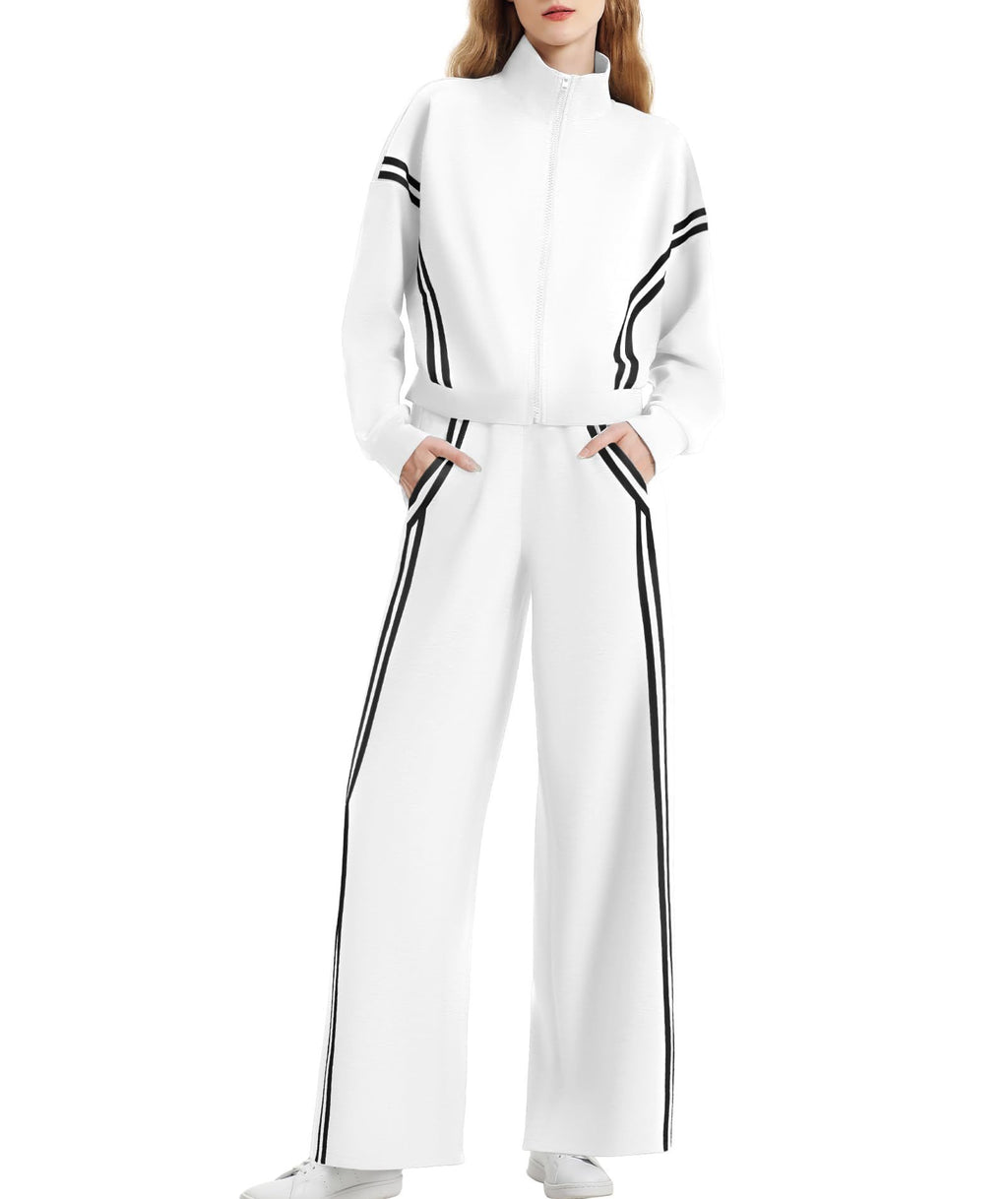 Women's Side Double Stripe Long-sleeve Zipper Pants Pocket Sports Suit
